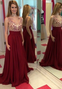 Elegant Jewel Illusion Neck Floor-Length Burgundy Prom Dress Ruched with Appliques