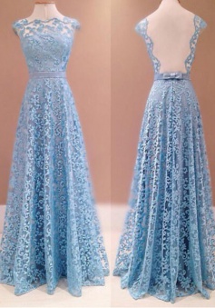 Elegant A-line Floor Length Backless Lace Prom Dress with Bow