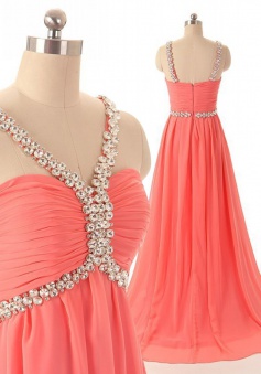 Exquisite A-line Floor Length Chiffon Beaded Zipper Prom Dress CHPD-7214