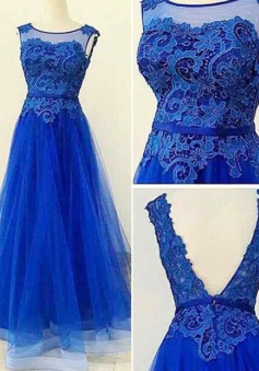 Romantic A-line Floor-length Scoop Backless Appliques Tulle Prom Dress