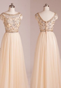 Latest A-line Scoop Capped Floor Length Chiffon Beading Prom Dress