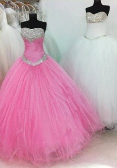 2015 Fashion Ball Gown Sweetheart Floor Length Tulle Beading Prom Dress TUPD-7342