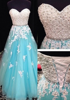 Luxurious A-line Sweetheart Pearl Applique Floor-length Prom Dresses/Quinceanera Dresses/Party Dresses   TUPD-7346