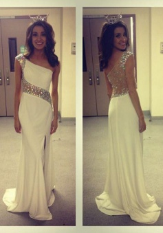 Elegant One-shoulder Chiffon Illusion Back Long Prom Evening Dress with Beading