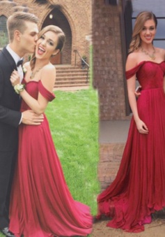 A-Line Off-the-Shoulder Sweep Train Burgundy Chiffon Prom Dress With Ruched