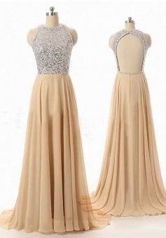 Generous Round Neck Sweep Train Champagne Prom Dress with Beading Open Back