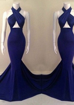 Elegant Mermaid Halter Court Train Royal Blue Long Prom Dress Evening Gowns With Ruched