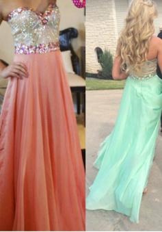 A-line Strapless Beading Long Chiffon Prom / Evening Dress