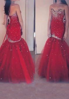 Luxurious Mermaid Long Red Gems Prom / Evening Dress