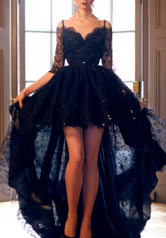 A-line Spaghetti Straps Lace High-low Black Evening/Homecoming/Prom Dress With Half Sleeves