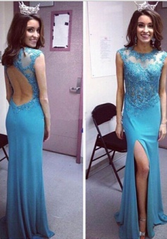 Elegant Mermaid Jewel Backless Floor-Length Prom Dress with Beading Legslit