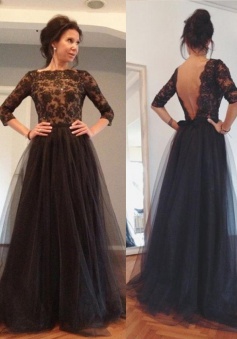 A-Line Bateau 3/4 Sleeves Backless Black Tulle Prom Dress with Beading