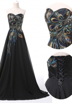 Princess Sweetheart Floor-Length Black Chiffon Prom Evening Dress with Embroidery