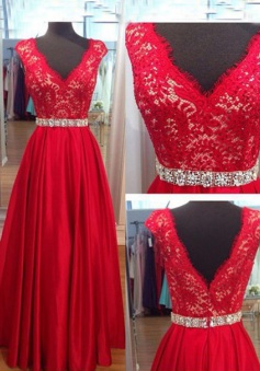 Elegant V-neck Long Red Lace Prom / Evening Dress with Beading Waist