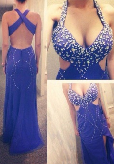 Simple-dress V-neck Beading Long Cross Back Mermaid Long Chiffon Prom Dresses/Evening Dress CHPD-7651