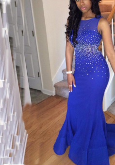 Gorgeous Backless Sweep Train Royal Blue Mermaid Prom Dress with Beading
