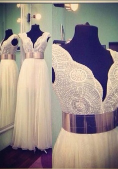 Gorgeous V-neck Floor-Length Beaded Chiffon White Prom Dress with Sash