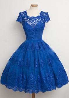 Vintage Scalloped-Edge Cap Sleeves Lace Blue Short Prom Cocktail Party Dress