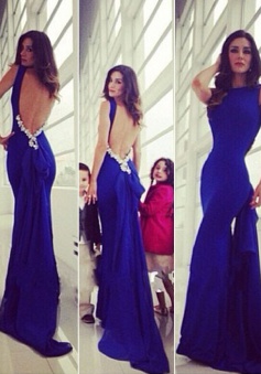 Elegant Royal Blue Mermaid Backless Train Long Prom Dress