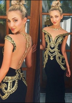 Mermaid Jewel Cap Sleeves Illusion Back Black Prom Dress with Gold Embroidery