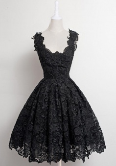 A-Line Scalloped-Edge Knee-Length 50s Vintage Black Lace Prom Homecoming Dress