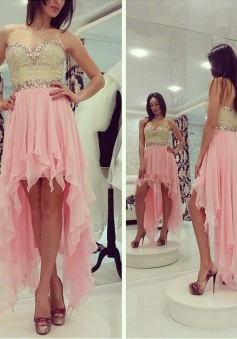 Gorgeous Beaded Strapless High-low Chiffon Homecoming Prom Dress