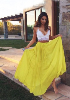 Sexy Two piece White Top Yellow Skirt V-neck Sleeveless Chiffon Long Prom Dress