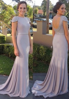 Elegant Bateau Cap Sleeves Sweep Train Backless Prom Dress with Beading