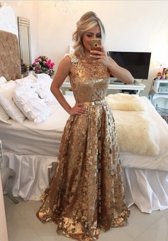 Luxurious Square Long Gold Sequined Prom Dress Beading with Appliques Bowknot