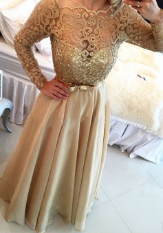 Stunning A-line Long Sleeves Gold Chiffon Prom Evening Dress