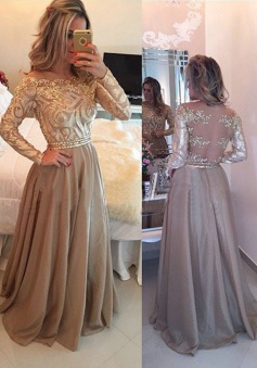 A-Line Crew Floor-Length Long Sleeves Gold Chiffon Prom Dress with Appliques Beading