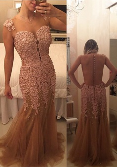 Gorgeous Long Illusion Back Champagne Prom Dress with Appliques Beading