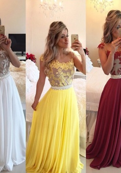 Elegant A-line Scoop Floor-length Beading Appliques Beading Prom/Evening Dress