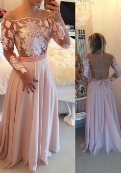 Elegant A-line Floor-length Illusion Back Prom Dress with Appliques Beading 