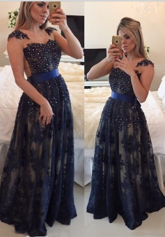 Elegant A-line Scoop Floor-length Lace Beading Sash Prom / Evening Dress