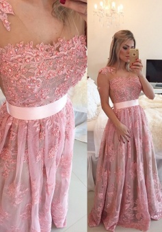 Timeless A-line Scoop Floor-length Lace Beading Sash Prom / Evening Dress