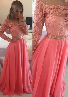 Elegant Jewel Illusion Neck Long Sleeves Long Watermelon Prom Dress with Beading Lace