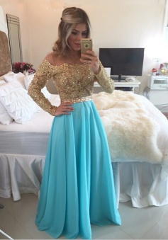 Fabulous Off Shoulder Floor-length Chiffon Beading Illusion Sleeves Prom Dress