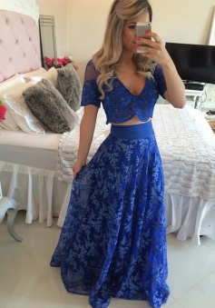 A-line V-neck 2 piece Lace Short Sleeves Appliques Royal Blue Prom Evening Dress