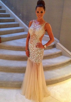 Sexy Mermaid Scoop Long Sleeveless Tulle Beading Backless Prom/Evening Dress