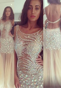 Modern Mermaid Scoop Floor-length Sleeveless Tulle Beading Prom/Evening Dress