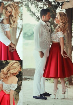 Two Piece Off-the-Shoulder Tea-Length Red Satin Prom Dress with Lace