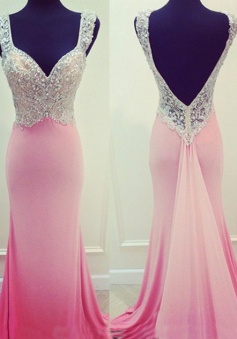 Chic Straps Sweetheart Beading Watteau Train Pink Prom Dresses Formal Evening Gowns CHPD-70896
