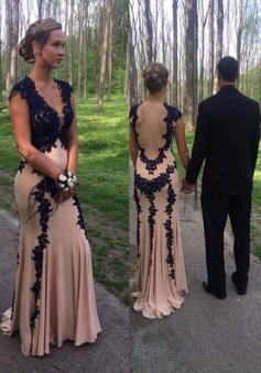 Gorgeous V-neck Appliques  Champagne Chiffon Long Prom Dresses Evening Gowns CHPD-70899