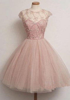 Vintage Scoop Knee-length Cap Sleeves Beaded Appliques Pink Homecoming Prom Dress