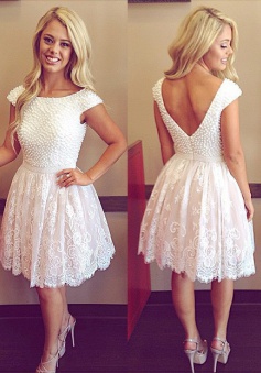 A-Line Crew Neck Cap Sleeves Short White Homecoming Dress with Appliques