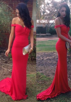 Mermaid Off-the-Shoulder Sweep Train Red Spandex Prom Dress