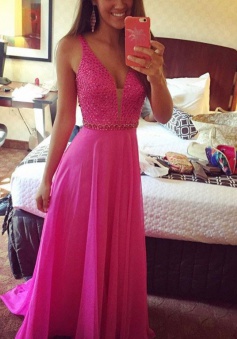 A-Line V-Neck Sleeveless Floor-Length Fuchsia Chiffon Prom Dress with Beading 