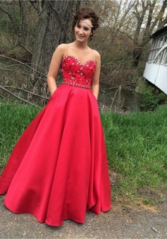 Fashion Sweetheart Beading A-line Satin Floor-length Red Prom Dresses Formal Evening Gowns SAPD-70955