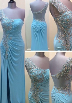 Elegant One Shoulder Beading Split Side Long Blue Prom Dresses Party Gowns CHPD-70957